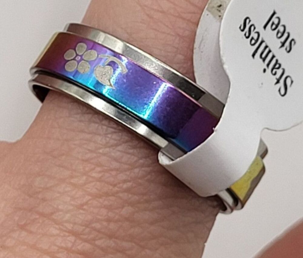 Stainless Steel Size 21 Spinner Ring Rainbow Floral